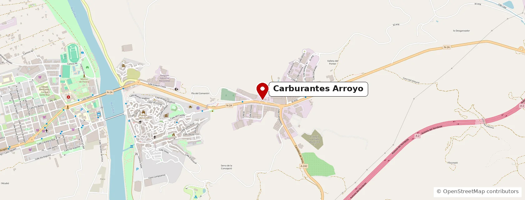 Mapa de la N-II a su paso por Fraga con la estación señalada